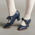 Blue Women's Orthopedic Shoes with Vintage Lace-Up Cutout Detail & Kitten Heel