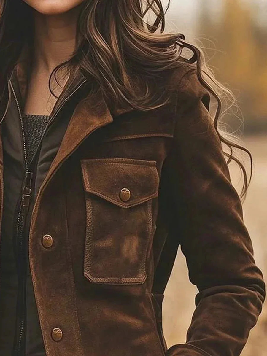 Brown Women's Suede Coat with Vintage Lapel Collar & Mid-Length Fit — Tara - Close Up Pocket Detail
