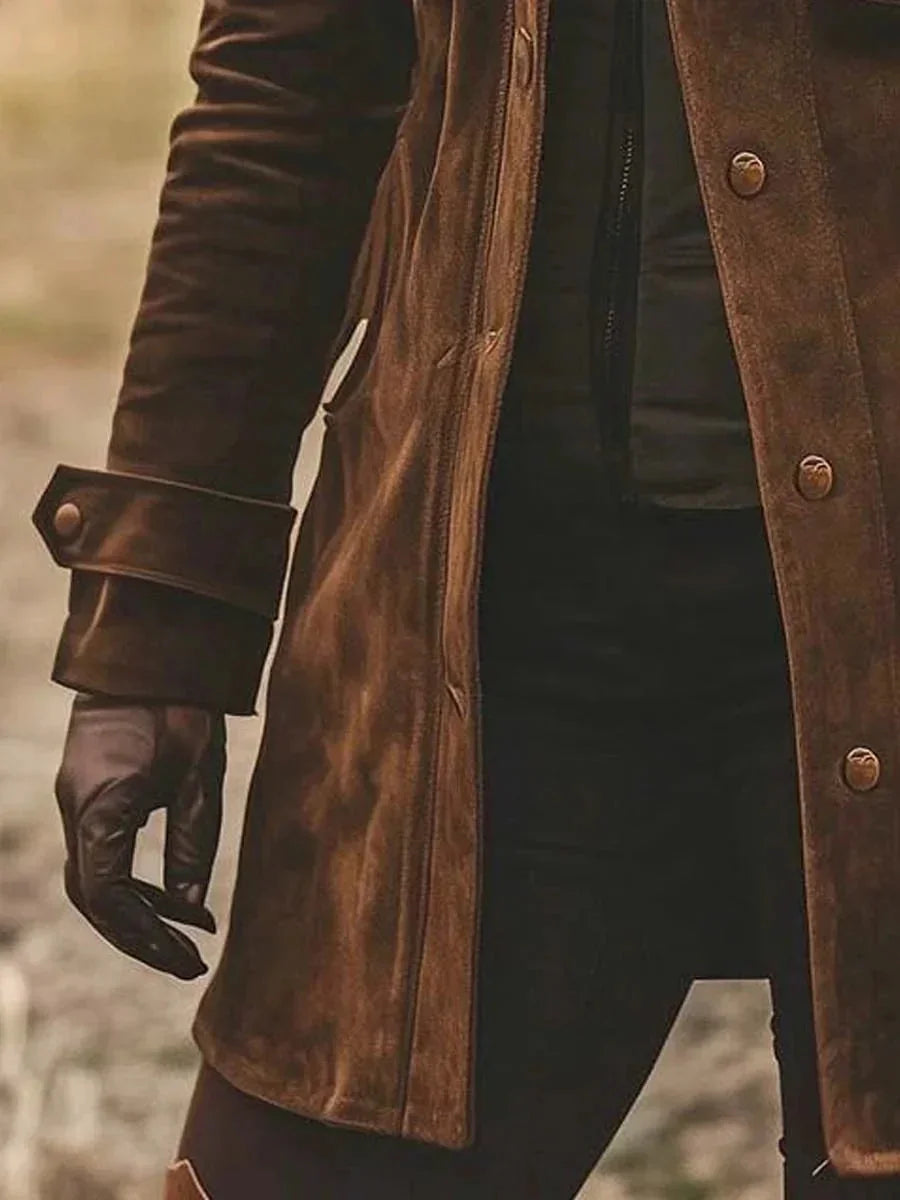 Brown Women's Suede Coat with Vintage Lapel Collar & Mid-Length Fit — Tara - Side Hem Detail