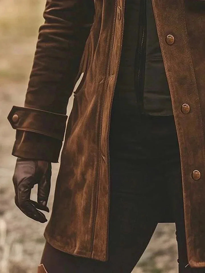 Brown Women's Suede Coat with Vintage Lapel Collar & Mid-Length Fit — Tara - Side Hem Detail