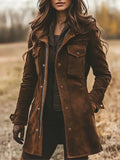 Women's Suede Coat with Vintage Lapel Collar & Mid-Length Fit — Tara