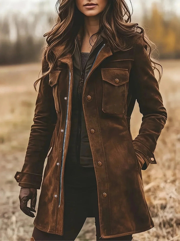 Brown Women's Suede Coat with Vintage Lapel Collar & Mid-Length Fit