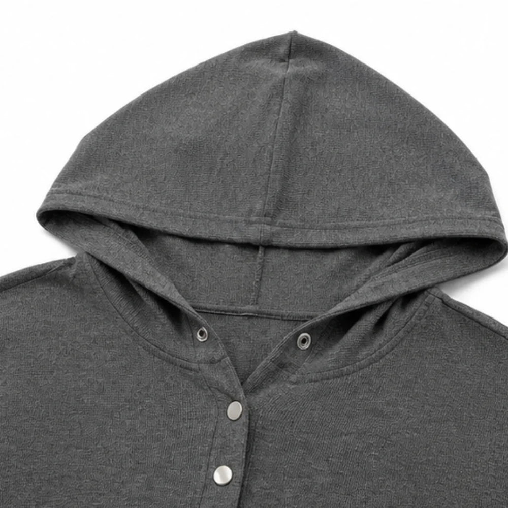Women's Waffle Knit Henley Hoodie with Button Placket & Oversized Fit - Hood Detail