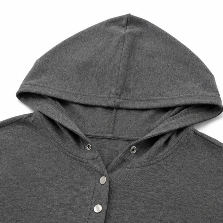 Women's Waffle Knit Henley Hoodie with Button Placket & Oversized Fit - Hood Detail