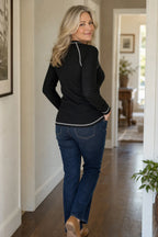 Women's Waffle Knit Henley Top with Contrast Stitching & Soft Ribbed Feel - Back Pose