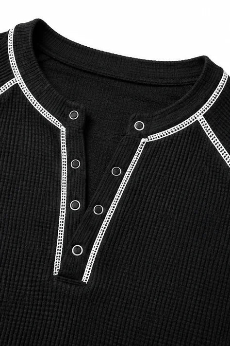 Women's Waffle Knit Henley Top with Contrast Stitching & Soft Ribbed Feel - Close Up Neckline Detail