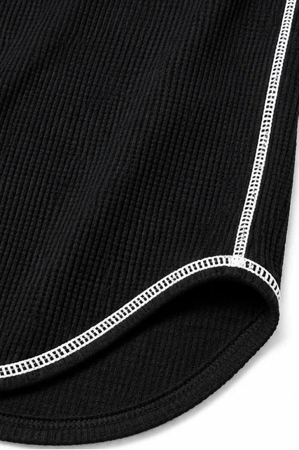 Women's Waffle Knit Henley Top with Contrast Stitching & Soft Ribbed Feel - Hem Detail