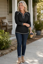 Women's Waffle Knit Henley Top with Contrast Stitching & Soft Ribbed Feel - Outdoor Walking