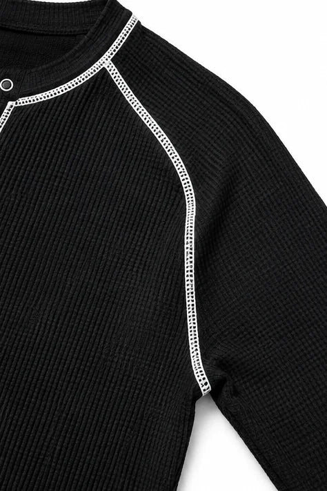 Women's Waffle Knit Henley Top with Contrast Stitching & Soft Ribbed Feel - Shoulder Detail