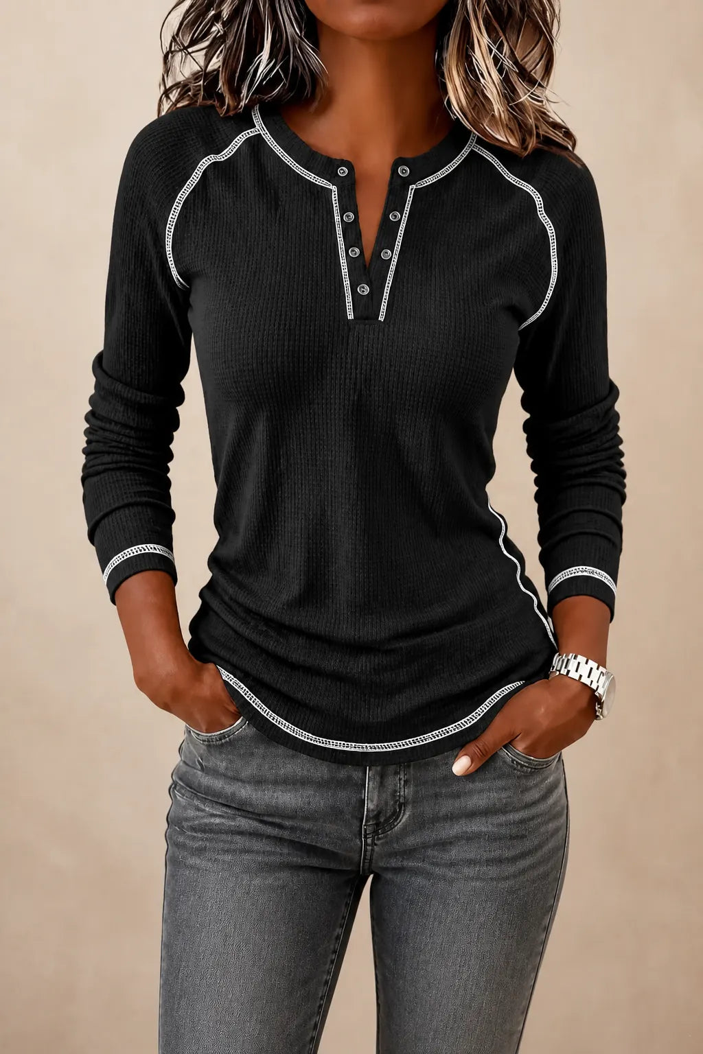 Women's Waffle Knit Henley Top with Contrast Stitching & Soft Ribbed Feel