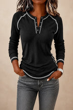 Women's Waffle Knit Henley Top with Contrast Stitching & Soft Ribbed Feel
