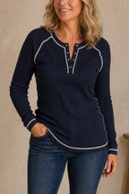 Navy Women's Waffle Knit Henley Top with Contrast Stitching & Soft Ribbed Feel