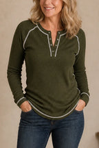 Olive Green Women's Waffle Knit Henley Top with Contrast Stitching & Soft Ribbed Feel