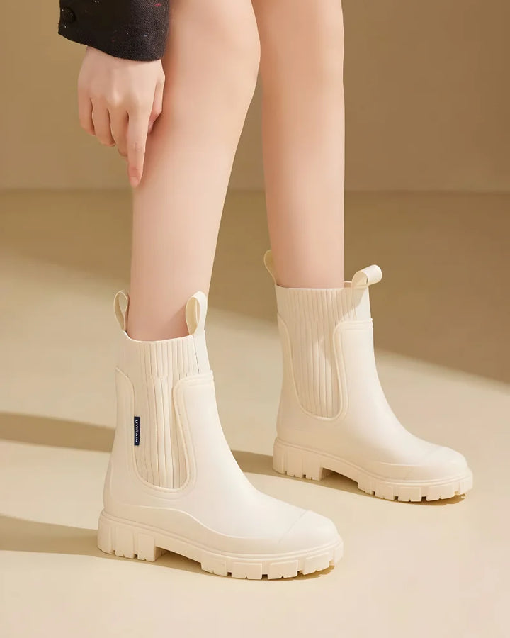 Beige Women's Waterproof Chelsea Boots with Knit Ankle Cuff & Pull Tabs - Close Up Ankle Detail
