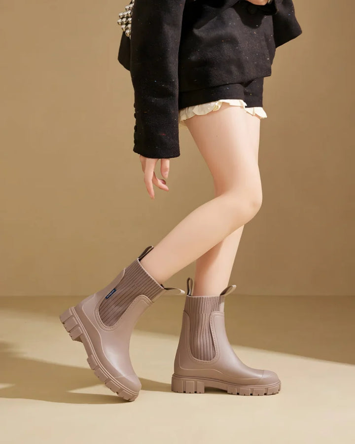 Khaki Women's Waterproof Chelsea Boots with Knit Ankle Cuff & Pull Tabs - Front Full Walking