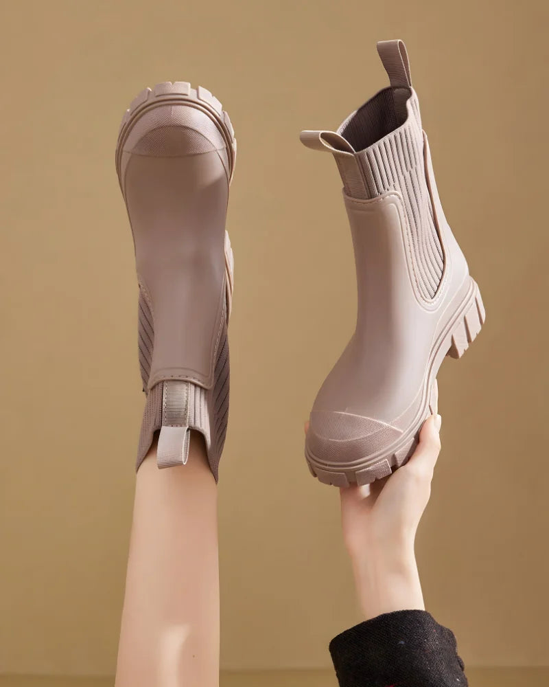 Khaki Women's Waterproof Chelsea Boots with Knit Ankle Cuff & Pull Tabs — Siobhan - Held Up Side View