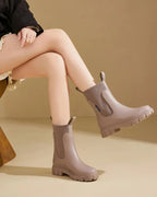 Khaki Women's Waterproof Chelsea Boots with Knit Ankle Cuff & Pull Tabs — Siobhan - Seated Crossed Legs