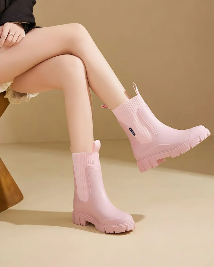 Pink Women's Waterproof Chelsea Boots with Knit Ankle Cuff & Pull Tabs — Siobhan - Seated Dangling Feet