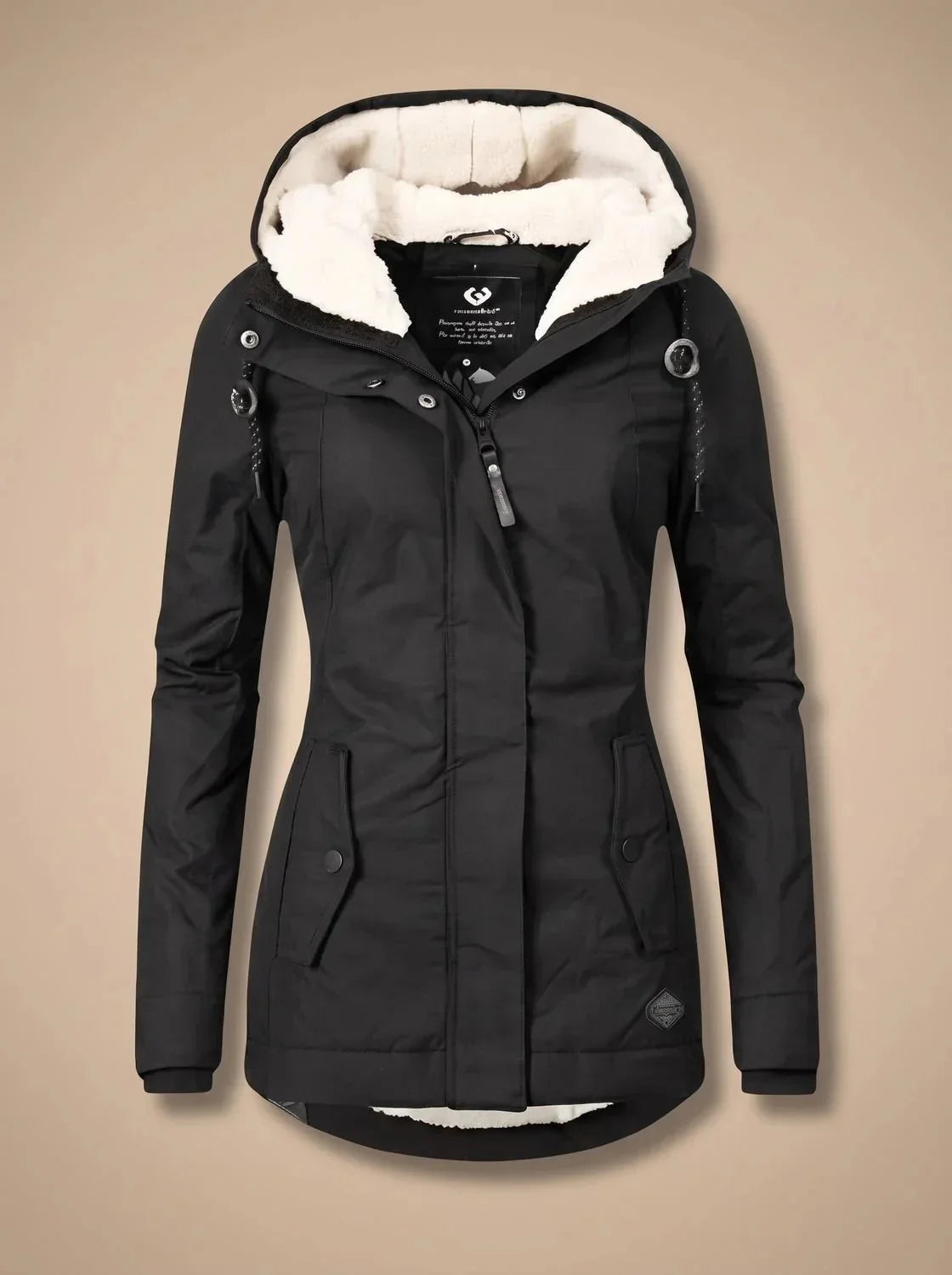 Black Women's Waterproof Winter Jacket with Fleece-Lined Hood & Zip Pockets — Joanna