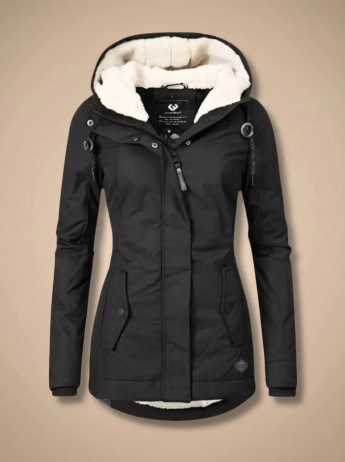 Black Women's Waterproof Winter Jacket with Fleece-Lined Hood & Zip Pockets — Joanna