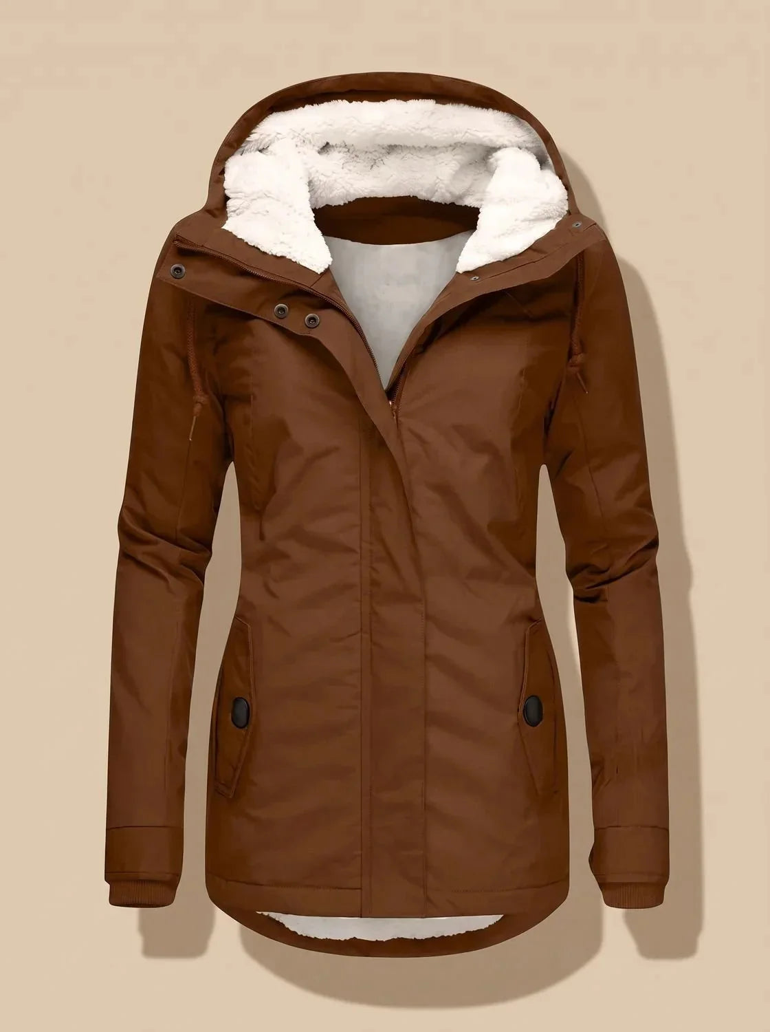 Brown Women's Waterproof Winter Jacket with Fleece-Lined Hood & Zip Pockets — Joanna