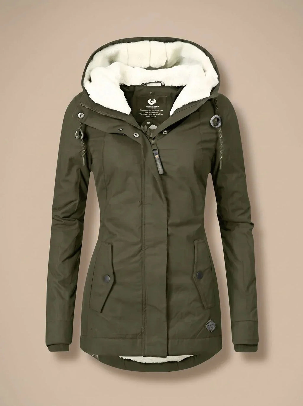 Green Women's Waterproof Winter Jacket with Fleece-Lined Hood & Zip Pockets — Joanna
