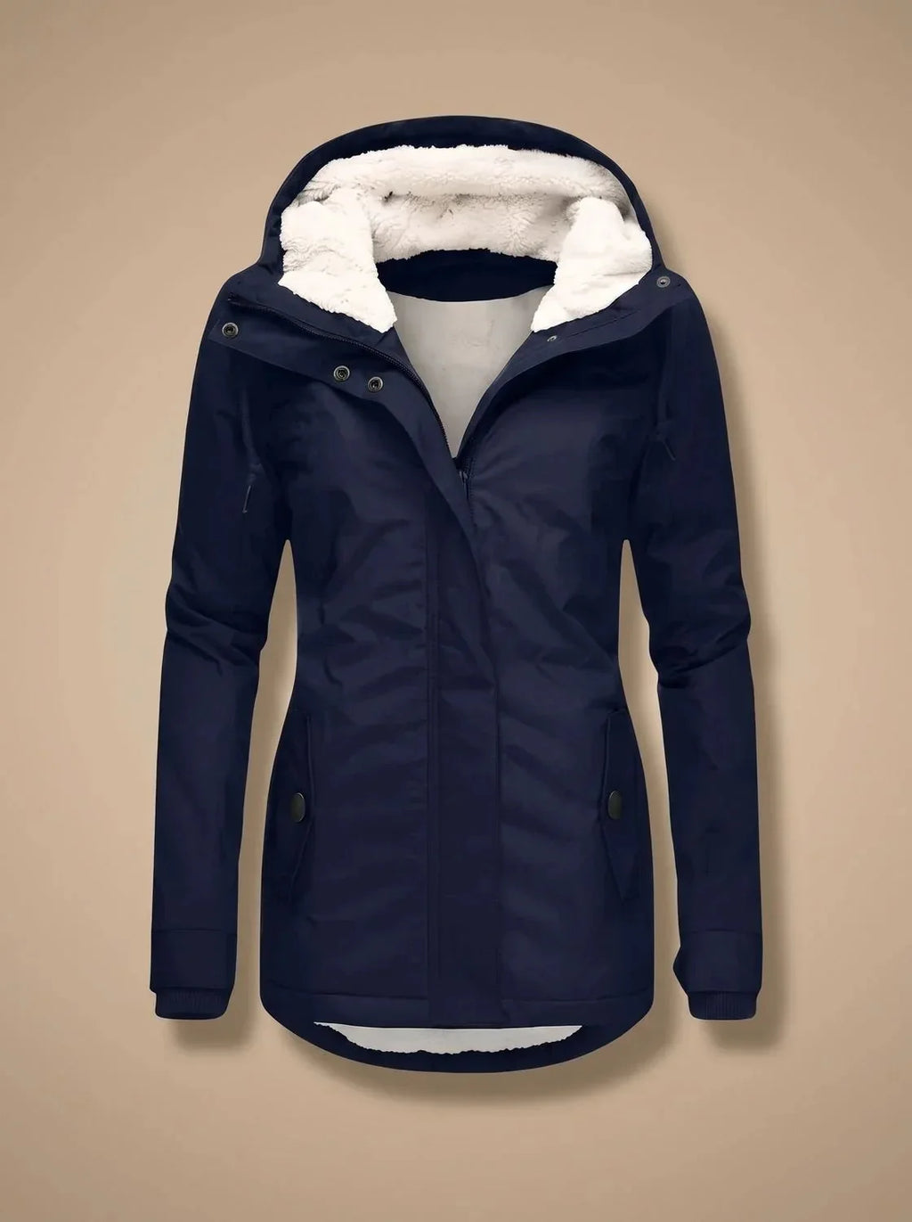 Navy Blue Women's Waterproof Winter Jacket with Fleece-Lined Hood & Zip Pockets — Joanna
