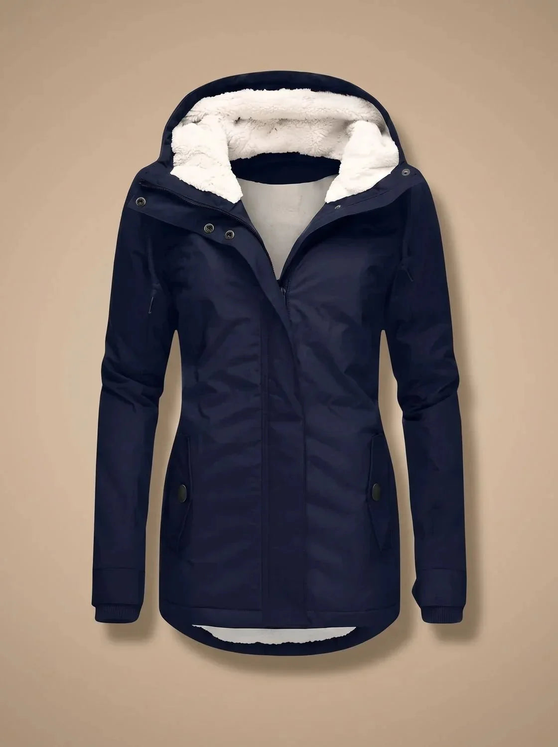 Navy Blue Women's Waterproof Winter Jacket with Fleece-Lined Hood & Zip Pockets — Joanna