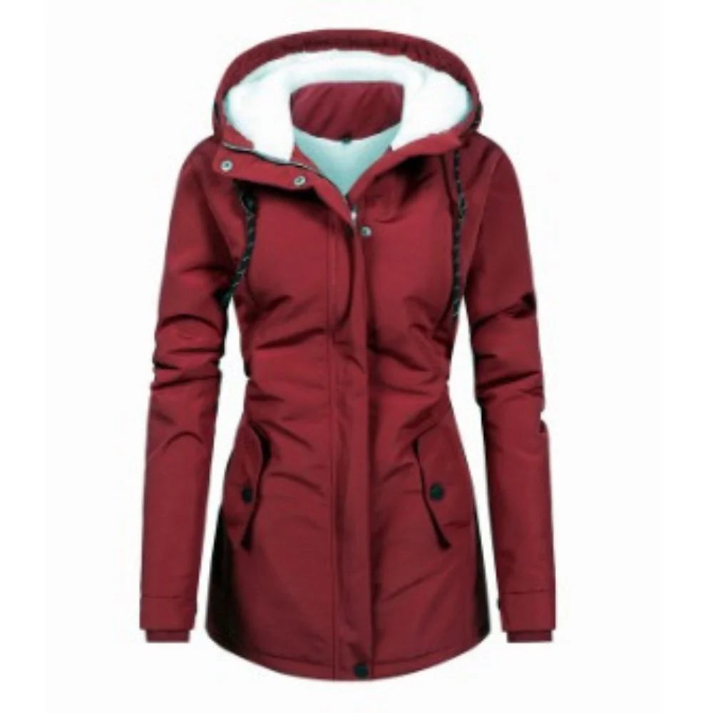Red Women's Waterproof Winter Jacket with Fleece-Lined Hood & Zip Pockets — Joanna