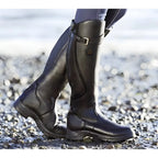 Black Women's Waterproof Leather Knee-High Boots with Buckle Strap & Elastic Gusset — Issy - Beach Walk