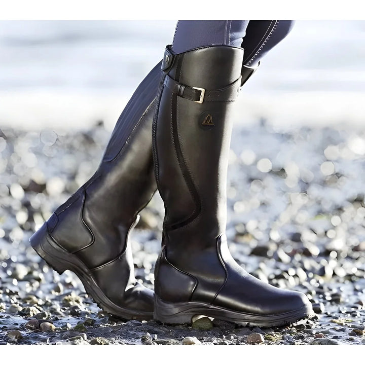 Black Women's Waterproof Leather Knee-High Boots with Buckle Strap & Elastic Gusset — Issy - Beach Walk