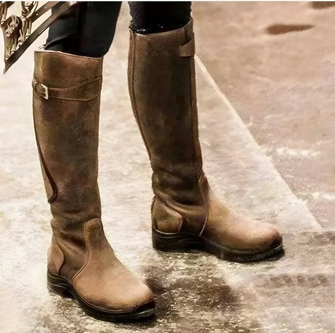 Brown Women's Waterproof Leather Knee-High Boots with Buckle Strap & Elastic Gusset — Issy - Illustrated Studio