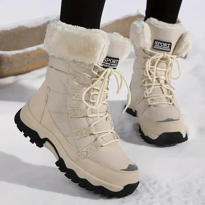 Beige Women's Waterproof Winter Boots with Plush Cuffs & Lace-Up Design — Winona