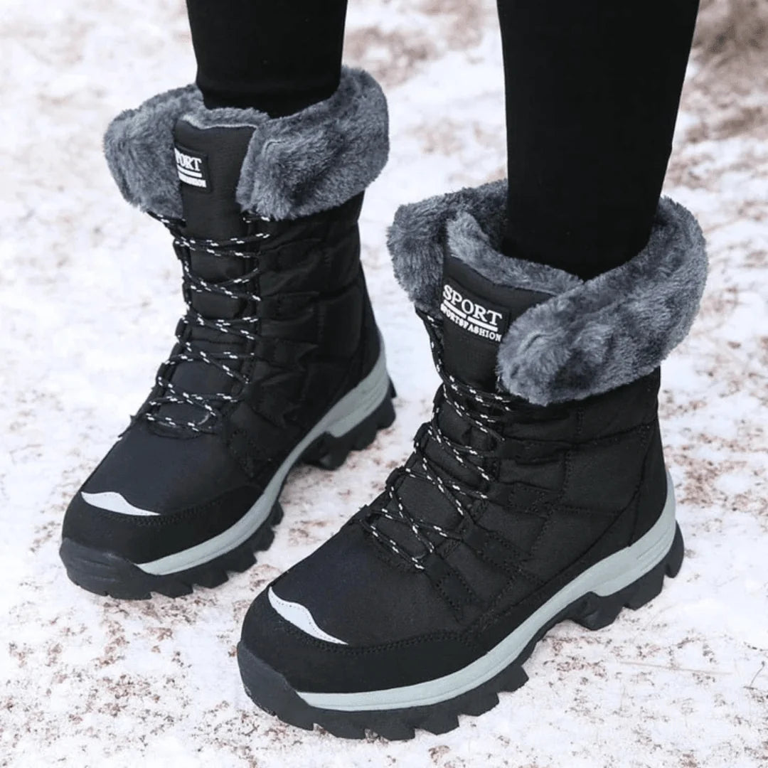 Black Women's Waterproof Winter Boots with Plush Cuffs & Lace-Up Design
