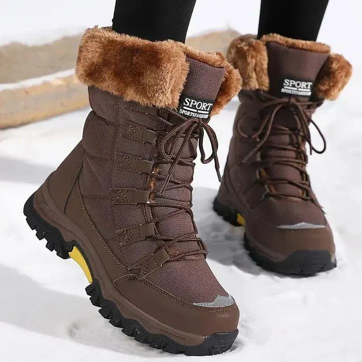 Brown Women's Waterproof Winter Boots with Plush Cuffs & Lace-Up Design — Winona