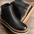 Black Women's Wedge Ankle Boots with Round Toe & Side Zip Closure — Natalie - Close Up Zipper Detail