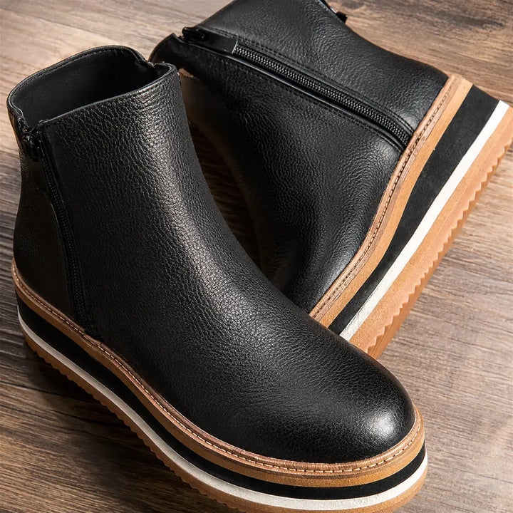 Black Women's Wedge Ankle Boots with Round Toe & Side Zip Closure — Natalie - Close Up Zipper Detail