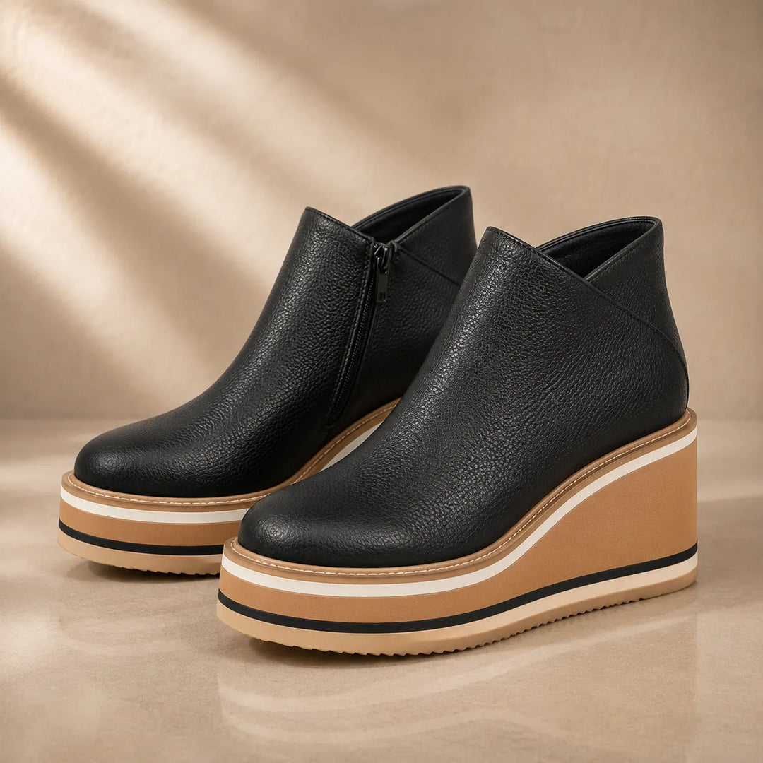 Black Women's Wedge Ankle Boots with Round Toe & Side Zip Closure — Natalie - Product Front Pair