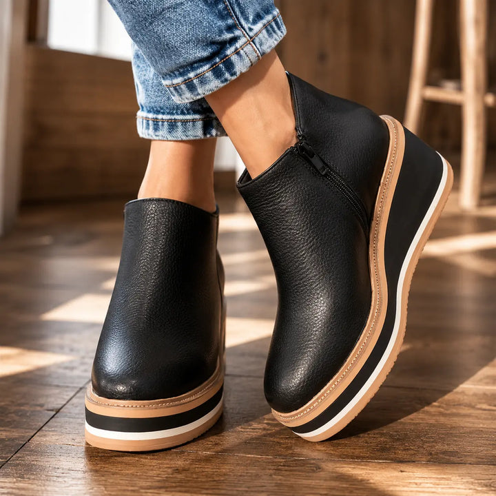Black Women's Wedge Ankle Boots with Round Toe & Side Zip Closure — Natalie