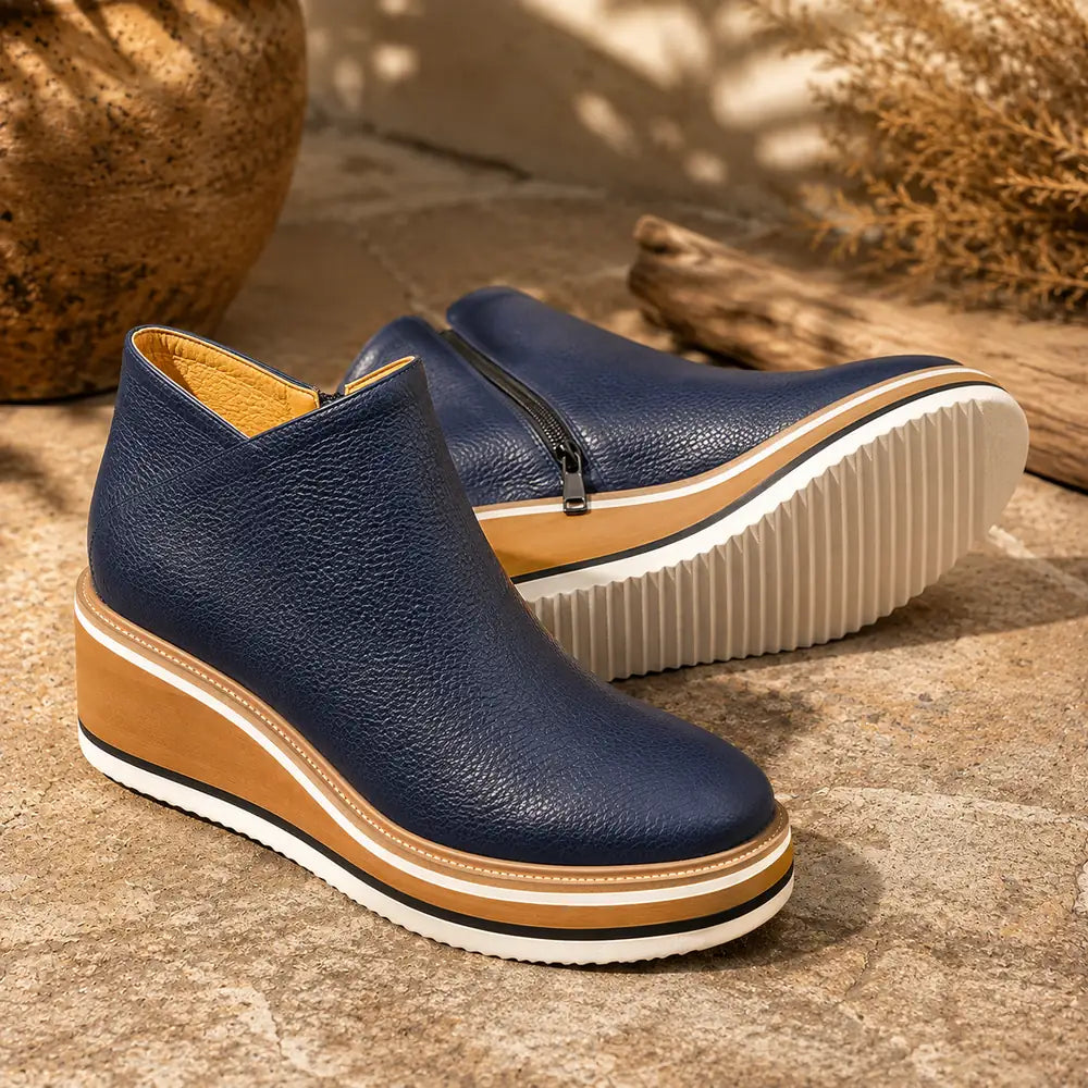 Blue Women's Wedge Ankle Boots with Round Toe & Side Zip Closure — Natalie - Outdoor Sole View