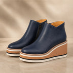 Blue Women's Wedge Ankle Boots with Round Toe & Side Zip Closure — Natalie - Product Front Pair