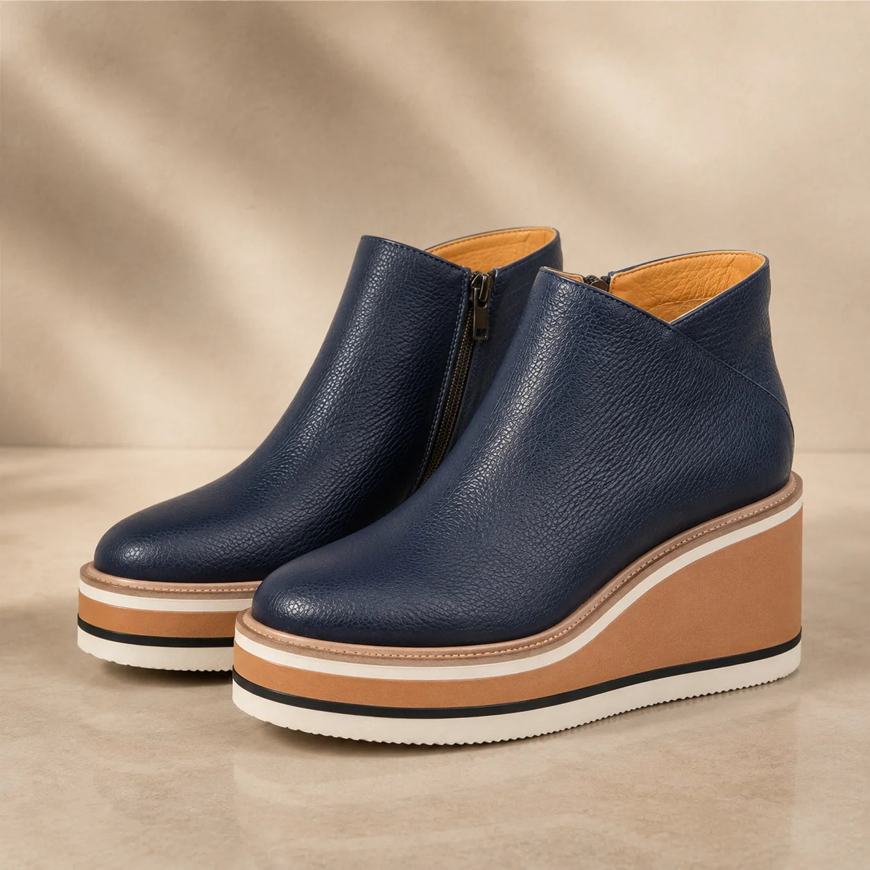Blue Women's Wedge Ankle Boots with Round Toe & Side Zip Closure — Natalie - Product Front Pair