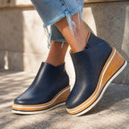 Blue Women's Wedge Ankle Boots with Round Toe & Side Zip Closure — Natalie