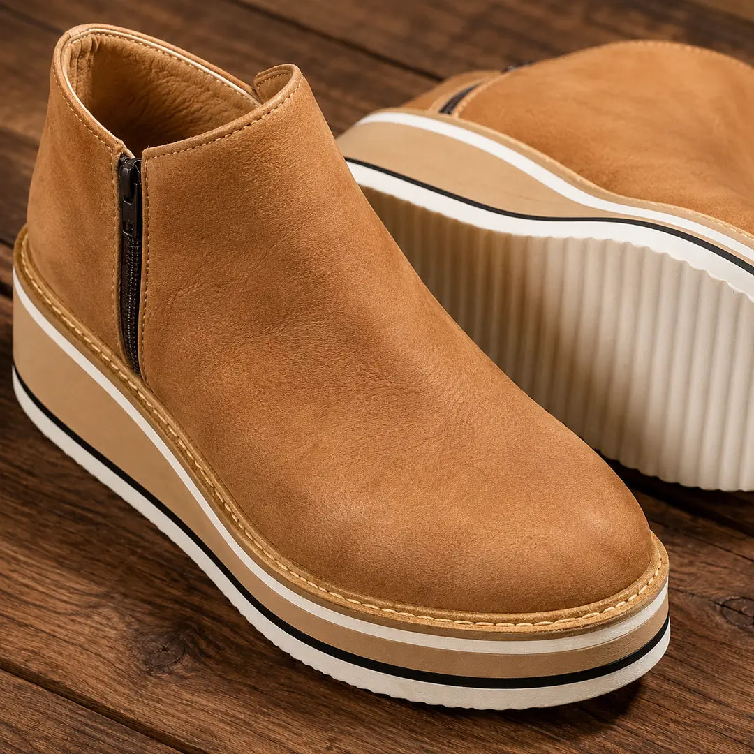 Caramel Women's Wedge Ankle Boots with Round Toe & Side Zip Closure — Natalie - Close Up Zipper Tan