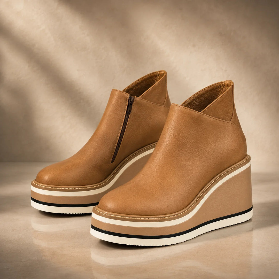 Caramel Women's Wedge Ankle Boots with Round Toe & Side Zip Closure — Natalie - Product Side Pair Tan