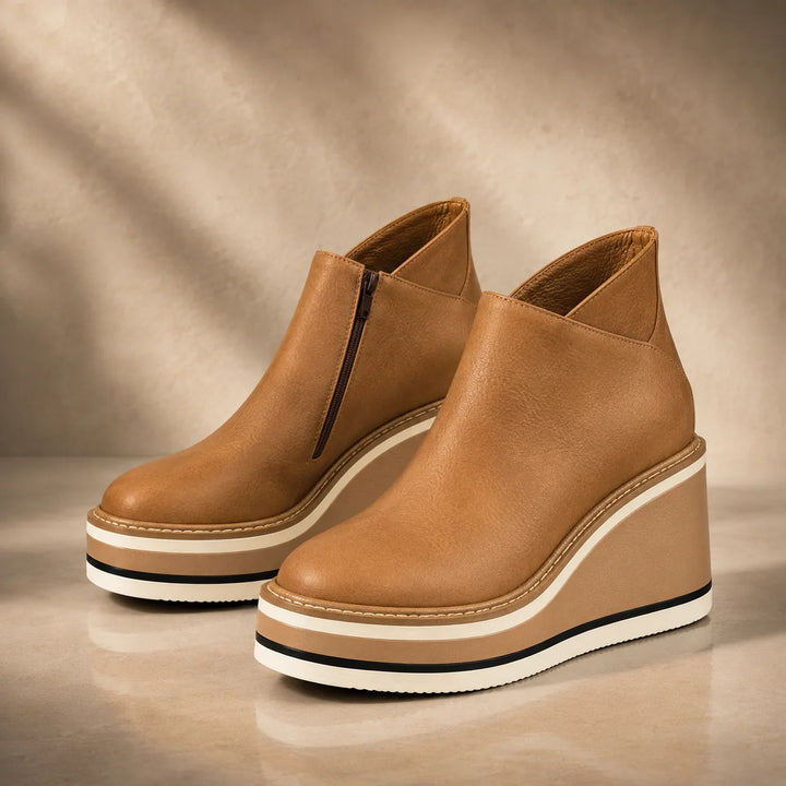 Caramel Women's Wedge Ankle Boots with Round Toe & Side Zip Closure — Natalie - Product Side Pair Tan