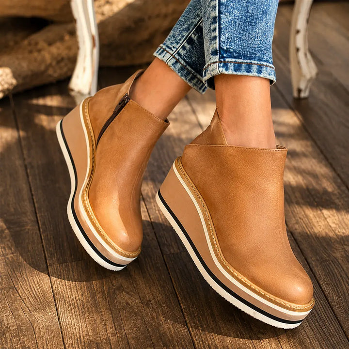 Caramel Women's Wedge Ankle Boots with Round Toe & Side Zip Closure — Natalie