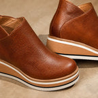 Chocolate Women's Wedge Ankle Boots with Round Toe & Side Zip Closure — Natalie - Close Up Toe Heel