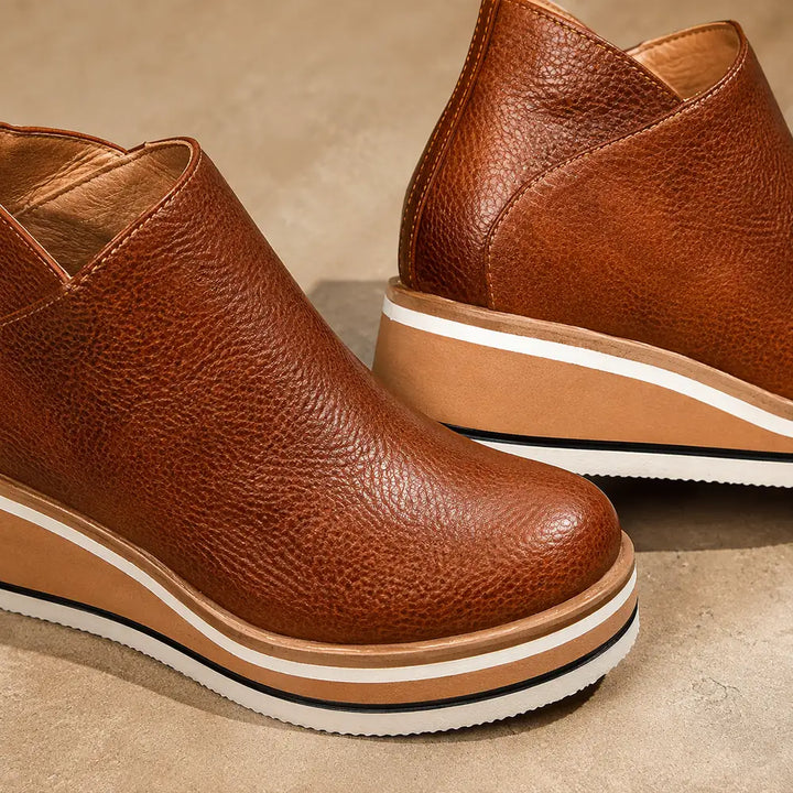 Chocolate Women's Wedge Ankle Boots with Round Toe & Side Zip Closure — Natalie - Close Up Toe Heel