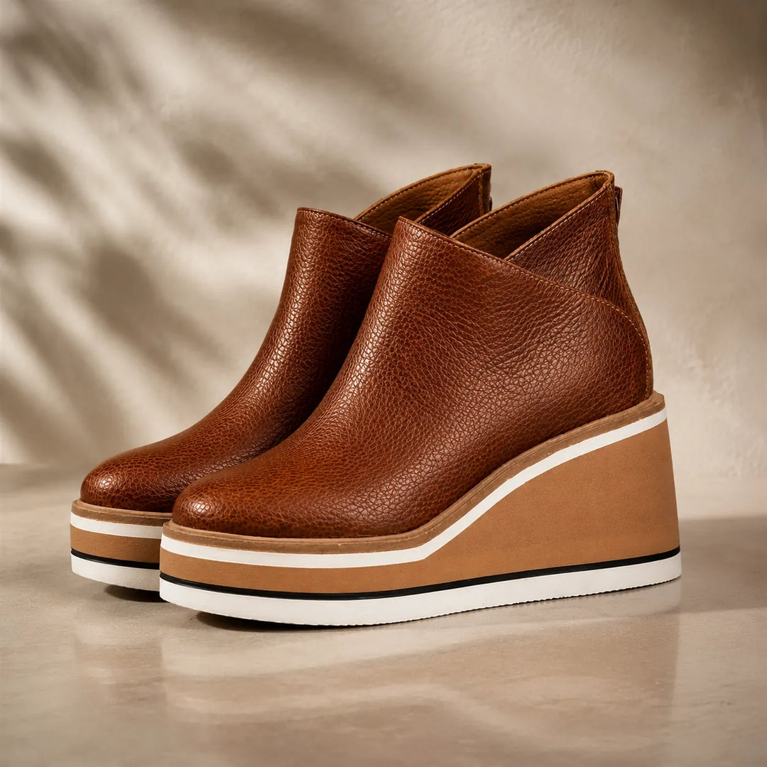 Chocolate Women's Wedge Ankle Boots with Round Toe & Side Zip Closure — Natalie - Product Side Pair